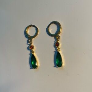 Gold, green and red earrings